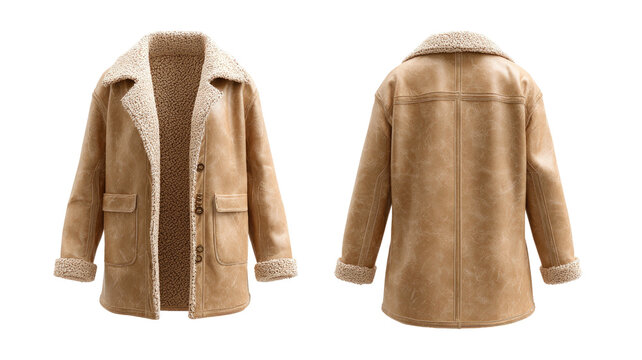 Tan suede jacket front/back view, fur collar and cuffs detail