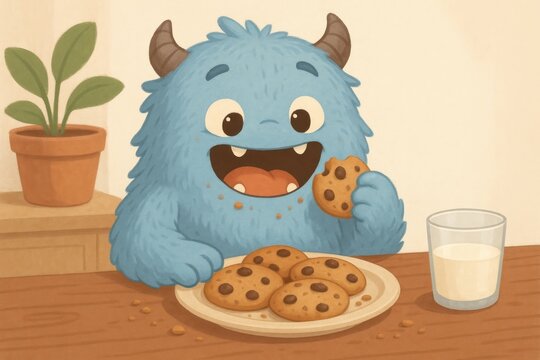 Cute monster enjoys chocolate cookies.