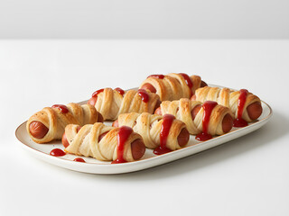 Mummy hotdogs wrapped with graceful bandage lines, accented with elegantly dripping ketchup "blood," conveying cute spookiness, white background