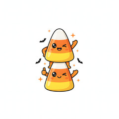 Kawaii candy corn characters in a cheerful pyramid, each figure exuding personality with subtle shading and highlight, white background