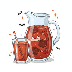 Vampire blood orange punch with floating gummy fangs, Halloween drink, white background