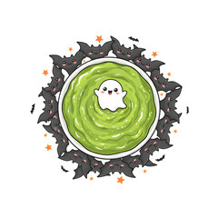 Bat-shaped tortilla chips with green guacamole "slime" dip, Halloween appetizer, white background