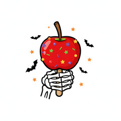 A candy apple held by an elegantly rendered playful skeleton hand, adorned with delightful sprinkles, Halloween fair food, white background