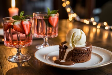 Chocolate lava cake with ice cream and strawberry drinks molten chocolate cake dessert