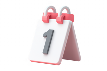 Desk calendar with number one isolated on a transparent background