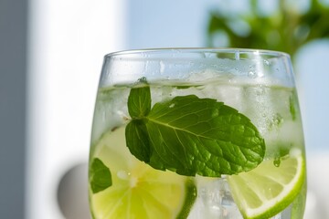 Clear glass of refreshing iced drink with lime slices and mint beverage