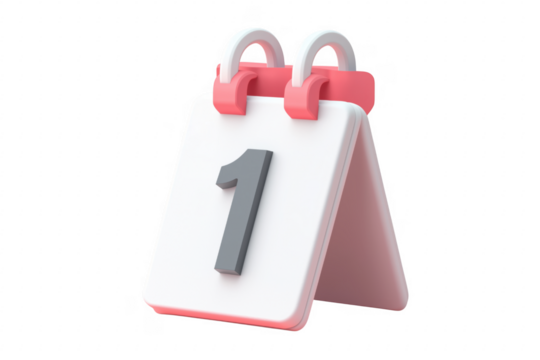 Desk calendar with number one isolated on a transparent background