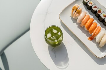 Green iced drink and assorted sushi on white marble table maki sashimi