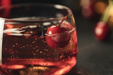 Red cherry floating in pink bubbly cocktail in clear glass drink beverage