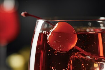 Red cocktail with cherry and ice cubes in glass drink image