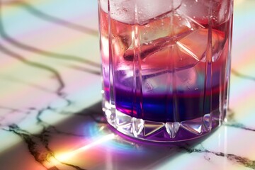 Colorful layered cocktail with ice in faceted glass on marble surface drink