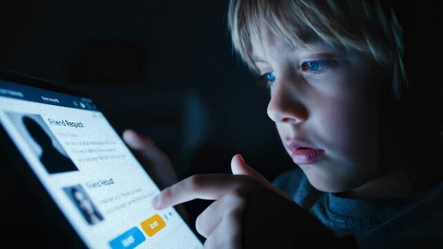 Boy Interacting Social Media Friend Request on Tablet in Dark Room