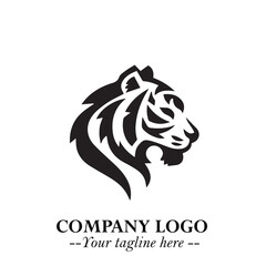 Powerful Head of Tiger Logo Symbol in Black on White Background with Bold Modern Minimalist Design