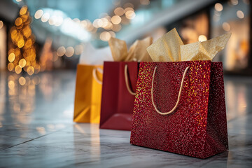 Festive Shopping Bags with Holiday Gifts in a Mall