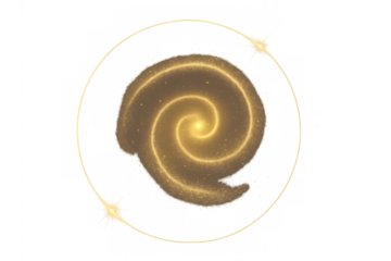 Golden glowing light spiral with sparkling particles and a radiating circular line, transparent background
