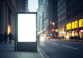 Illuminated blank billboard stands on a city sidewalk at night with blurred traffic and pedestrians