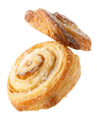 Fototapeta premium Delicious golden baked pastry with cream filling and sugar topping. sweet swirl roll and danish isolated on transparent background