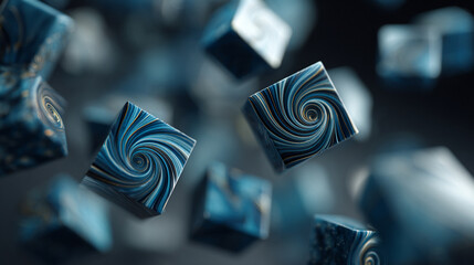 Polished geometric shards form a floating spiral, hyperrealistic and dynamic, symbolizing transformation, infinite flow, structured creativity, energy in motion, and the elegant geometry of abstract i