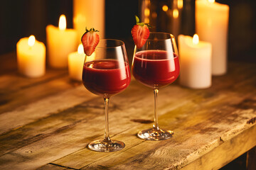 Two red drinks in wine glasses with strawberry garnish and candles image