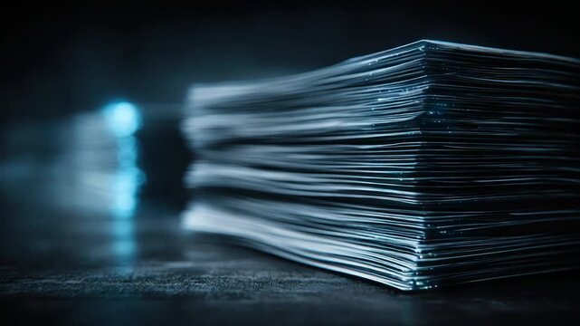 A glowing stack of paper with light in the background creating a mysterious, futuristic scene