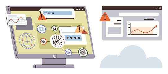 Computer monitor with security warnings, error notifications, and analytics charts. Ideal for online security, data protection, technology, web development, analytics, privacy simple flat metaphor