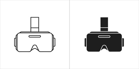 Illustration of a virtual reality headset, presented in both a line drawing and a solid black fill