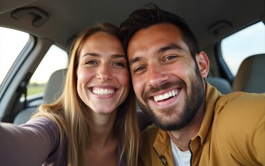 Couple taking a selfie during their road trip. High quality