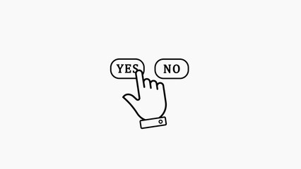 Line art illustration of a hand cursor pressing the ' YES' button on a white background finger pointing