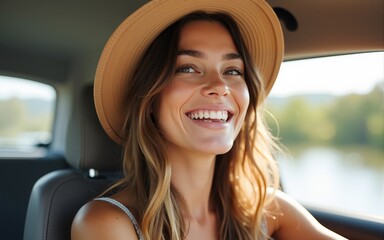 Relaxed happy woman traveler on summer roadtrip vacation on hatchback ca. High quality