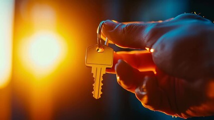 Hand holding key metal house key golden light sunset background, real estate home ownership security closeup, key ring new home joy, hope and real - Powered by Adobe