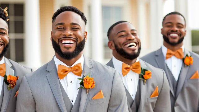 Cheerful groomsman grey suit orange bow tie boutonniere wedding party smile man outdoor celebration friendship candid moment joyful portrait ceremony