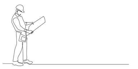 Continuous line drawing of an engineer or construction worker holding a blueprint. One line art representing planning, architecture, and building design in a minimalist style.