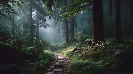 Obraz premium Tranquil foggy forest pathway at sunrise with gentle light illuminating lush trees, calm natural background with copy space, ideal for wellness, mindfulness, or eco concepts.