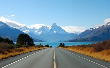 Stra&szlig;e am Lake Pukaki mit Mount Cook im Hintergrund. High quality