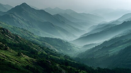 Fototapeta premium Golden sunlight streaming through morning mist across soft green valley, layered natural depth and open left area ideal for modern layout, advertising or peaceful background use.