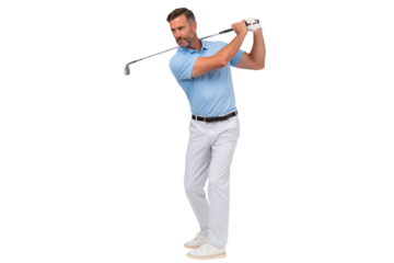 Athletic middle-aged man striking a powerful golf swing, isolated on transparent background