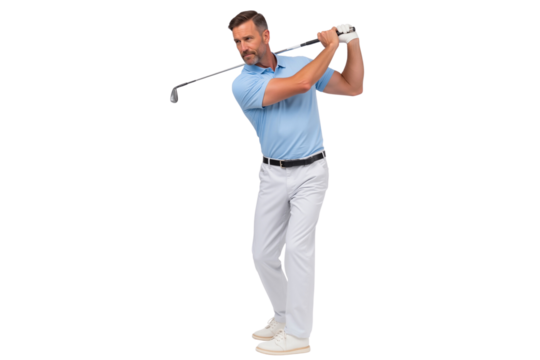 Athletic middle-aged man striking a powerful golf swing, isolated on transparent background - Powered by Adobe