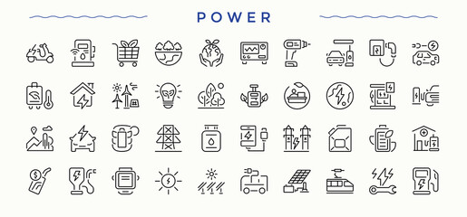 Power icon set. Modern icons collection. Pixel perfect. Editable vector. Energy modern icon set. It contains symbols to electrical, charging, battery, battery, batteries, recharge and more.
