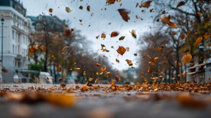 Autumn Leaves Dance on City Street as Wind Whispers Through Trees, Creating a Vibrant and Dynamic Seasonal Scene with Fallen Foliage