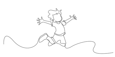 Continuous line drawing of a happy child jumping with open arms. Simple one line art representing joy, freedom, and childhood energy.