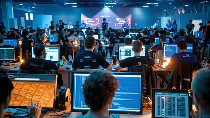 Coding programming developer team laptop screen software conference hackathon office night teamwork workflow monitor code interface technology - Powered by Adobe