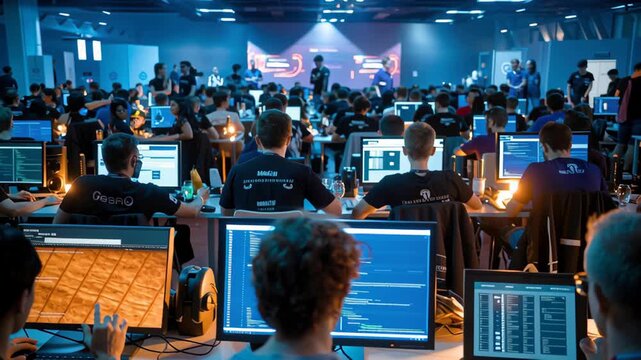 Coding programming developer team laptop screen software conference hackathon office night teamwork workflow monitor code interface technology