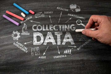 Collecting Data Concept. Black scratched textured chalkboard background