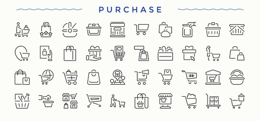 Purchase vector line icon set. Delivery icon set. Icons for UI designs. Included cart, commerce, sell, shopping cart, store and more. Editable stroke collections.