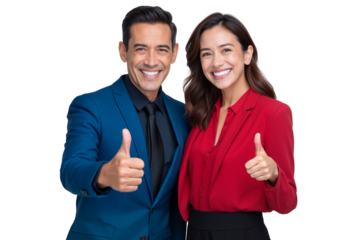 Two smiling business people, a man and a woman, giving thumbs up while standing confidently against a transparent background