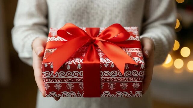Person holding a red gift box with a white pattern and red ribbon