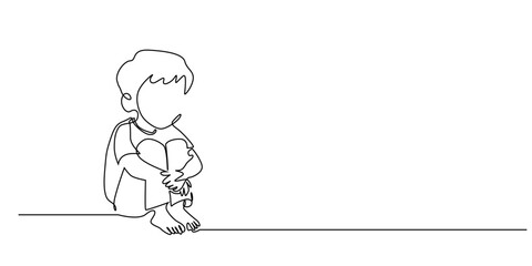 Continuous line drawing of a sad child sitting alone. One line art illustration of a lonely boy hugging his knees, showing emotion and solitude.
