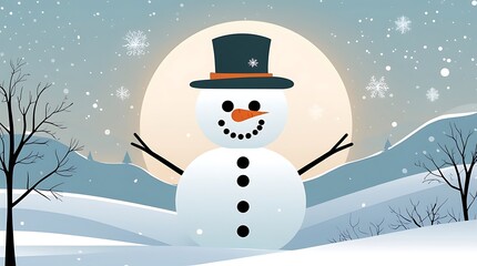 Charming winter landscape featuring a delightful snowman with falling snowflakes and bare trees