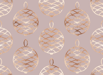 Seamless Christmas pattern with gold pinecone holiday trees ornament.