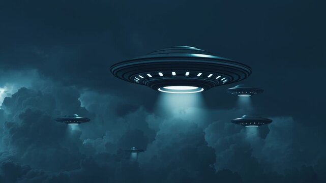 Mysterious UFOs in Night Sky with Clouds and Lights